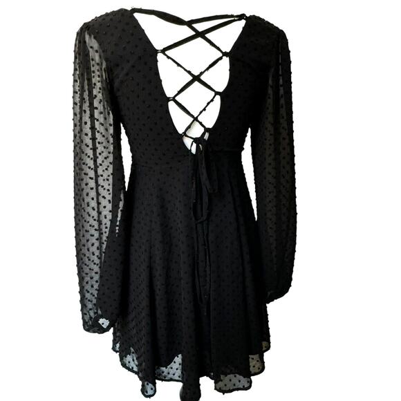 ASOS Design Size 0 Black Mini Dress Sheer Long Sleeves Lined Corset Swiss Dot - Picture 2 of 8